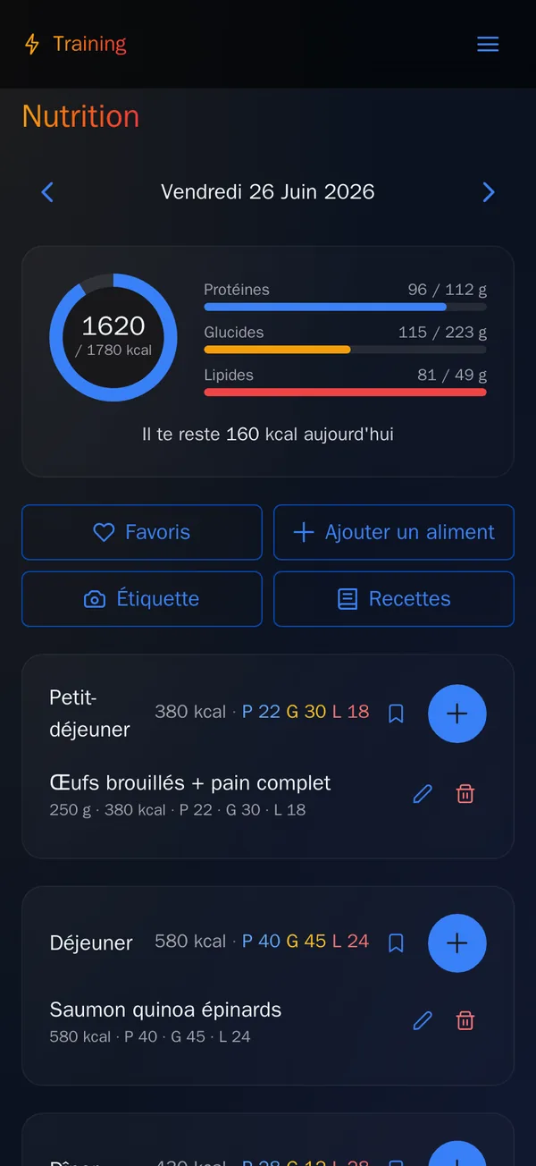 Journal nutrition de l’application Training