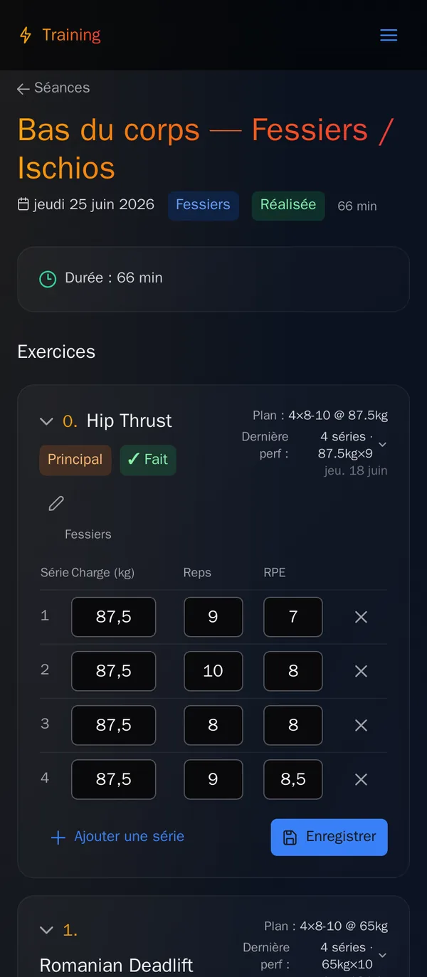 Saisie d’une séance dans l’application Training